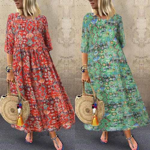 Plus Size Women's Boho Dress Floral Patchwork Print Mid Sleeve Maxi Dress