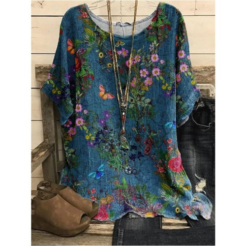 Round Neck Floral Print Casual Loose Short Sleeved Blouse Shirt Top