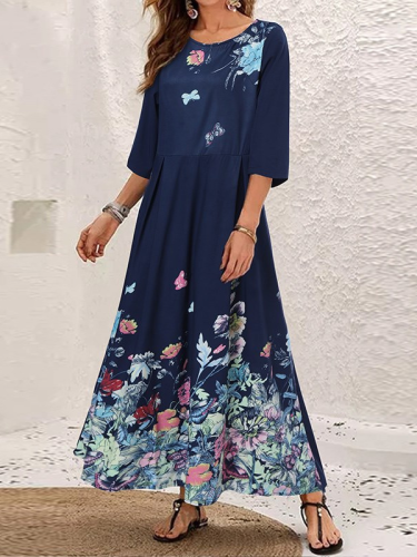 Plus Size Women's Boho Dress Floral Print Mid Sleeve Crew Neck Maxi Dress