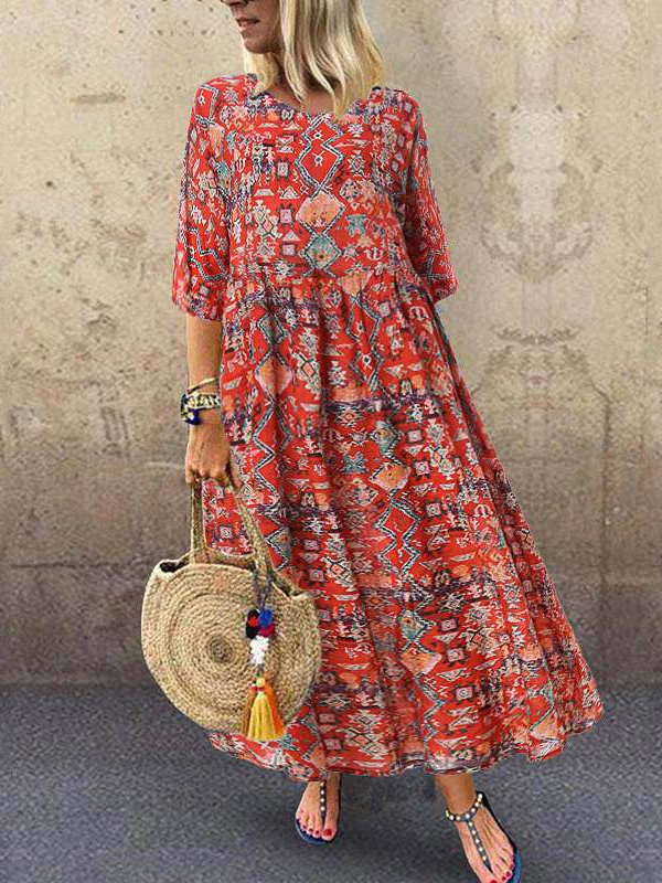 US$ 25.76 - Plus Size Women's Boho Dress Floral Patchwork Print Mid ...