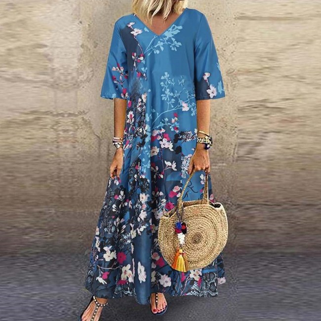 US$ 27.01 - Plus Size Women's Boho Dress Floral Print Mid Sleeve V Neck ...