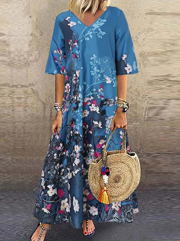 Plus Size Women's Boho Dress Floral Print Mid Sleeve V Neck Loose Holiday Maxi Dress