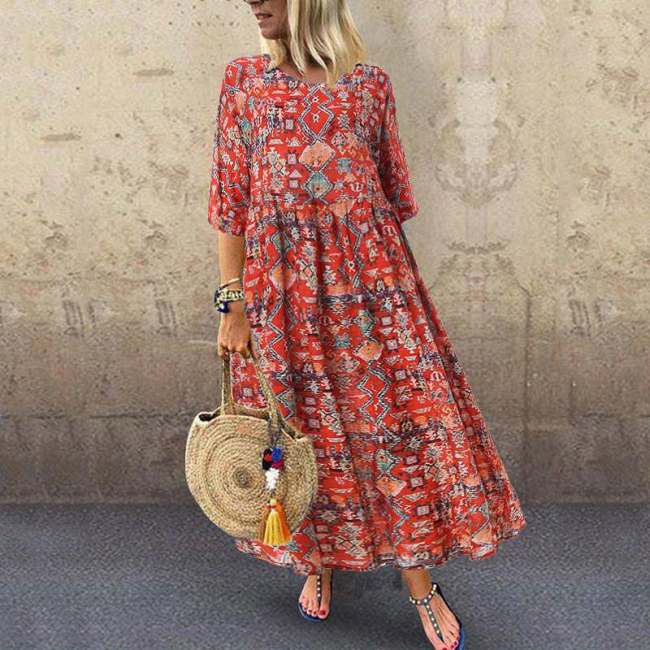 US$ 25.76 - Plus Size Women's Boho Dress Floral Patchwork Print Mid ...