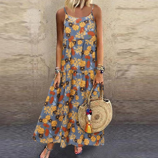 Women's Boho Maxi Dress Little Floral Print Beach Dress Plus Size Slip Dress