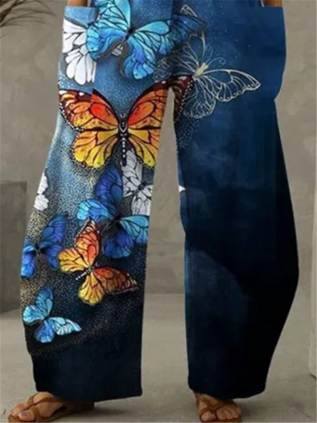 Women's Loose Long Pant Butterfly Print Vintage Blue Pant with Pocket