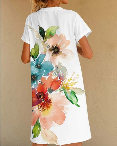 Women's Midi Dress Floral Print Loose A Line Crew-Neck Casual Dress S-3XL