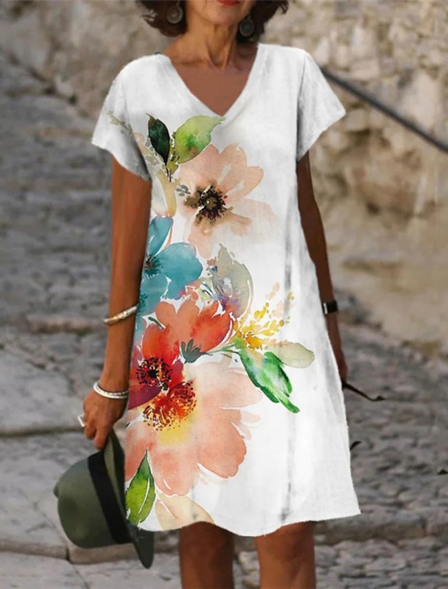 Plus Size Women's Midi Dress Floral Print V-Neck A Line Dress Holiday Dress
