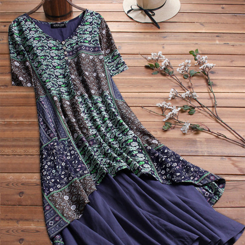 Plus Size Maxi Dress Women's Ethnic Vintage Style Floral Print V-Neck A Line Loose Dress