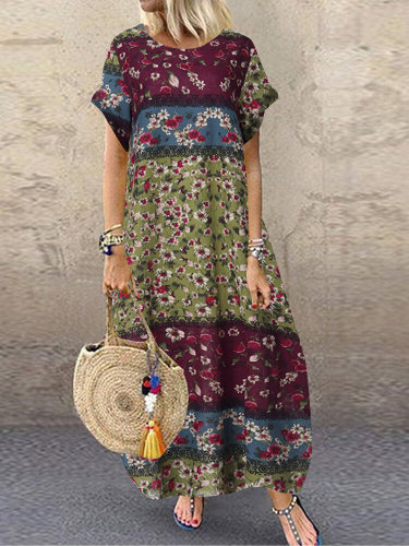 Plus Size Boho Maxi Dress Floral Print Crew Neck Short Sleeve Lantern Dress