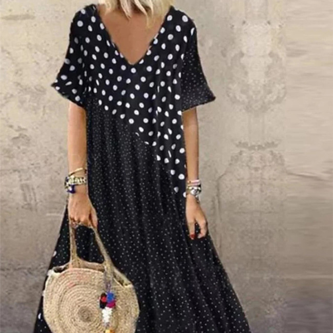 Plus Size Maxi Dress Women's Polka Dots Print V-Neck Short Sleeve Maxi Loose Dress