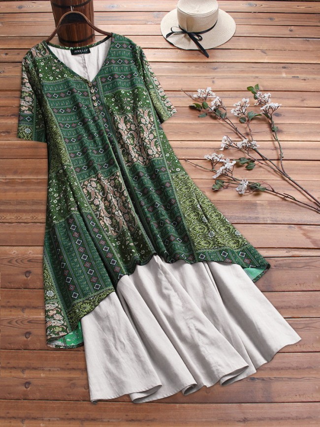 Plus Size Maxi Dress Women's Ethnic Vintage Style Floral Print V-Neck A Line Loose Dress