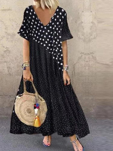 Plus Size Maxi Dress Women's Polka Dots Print V-Neck Short Sleeve Maxi Loose Dress