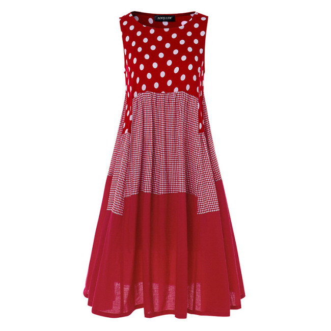 Plus Size Maxi Dress Polka Dot Sleeveless Cotton Blend Loose Swing Dress