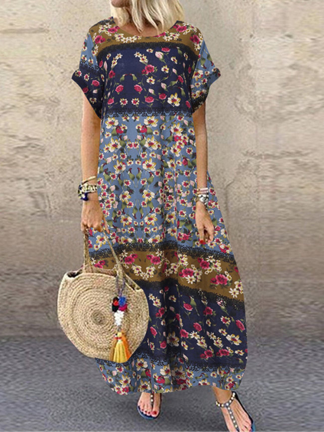 Plus Size Boho Maxi Dress Floral Print Crew Neck Short Sleeve Lantern Dress