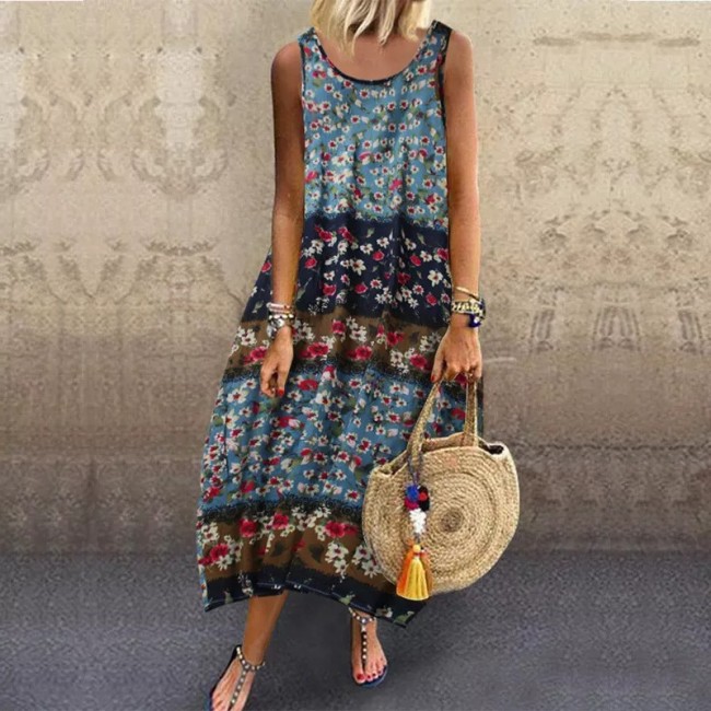 US$ 26.79 - Plus Size Boho Maxi Dress Floral Print Crew Neck Sleeveless ...