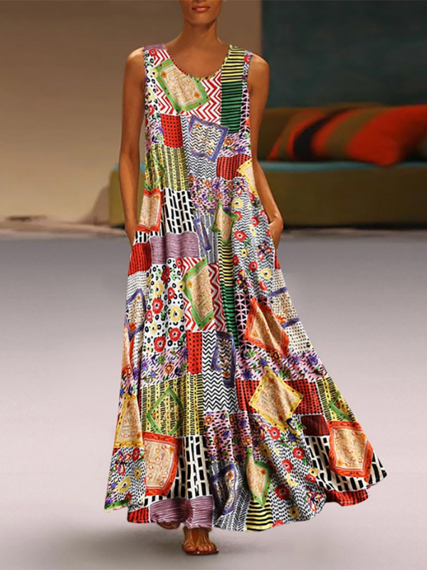 Plus Size Maxi Dress Women's Sleeveless Floral Patchwork Print Loose Boho Dress