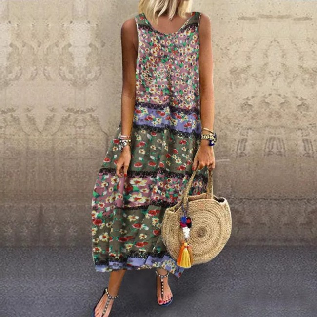 US$ 26.79 - Plus Size Boho Maxi Dress Floral Print Crew Neck Sleeveless ...