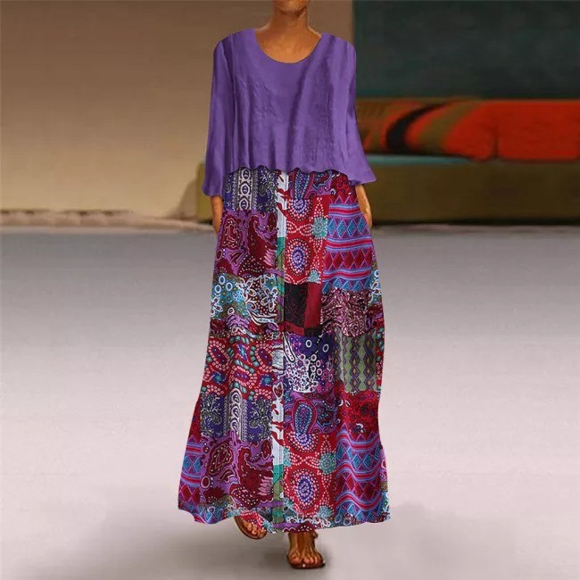 Plus Size Maxi Dress Women's Patchwork Ethnic Print Long Sleeve Crew Neck Holiday Loose Dress