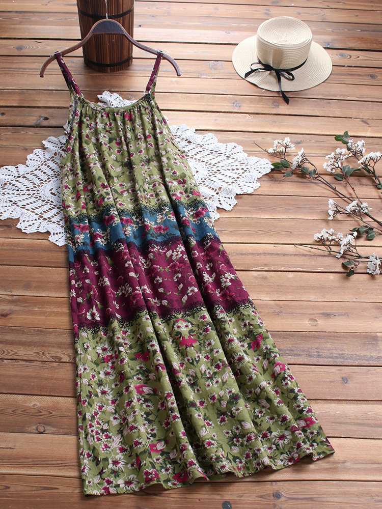 US$ 35.64 - Plus Size Women's Maxi Dress Cotton Linen Floral Print Slip ...