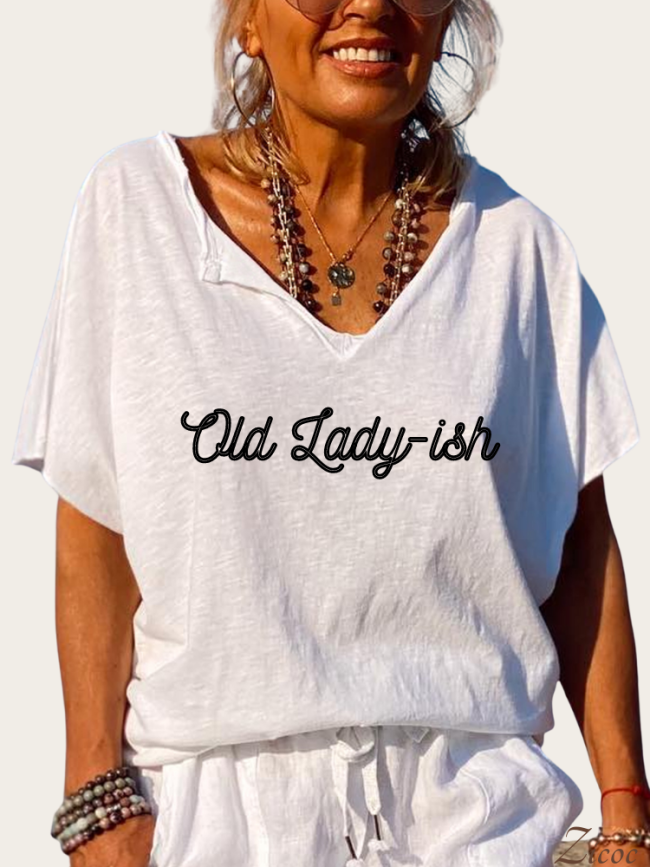 Old Lady-ish Shirt, Loose Cutting Turnover Collar V Neck T-Shirt Top