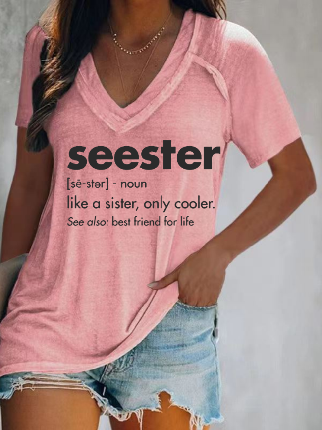 Seester Funny Words Shirt Loose Cutting Relax Fit V Neck Long Sleeve Pullover Top