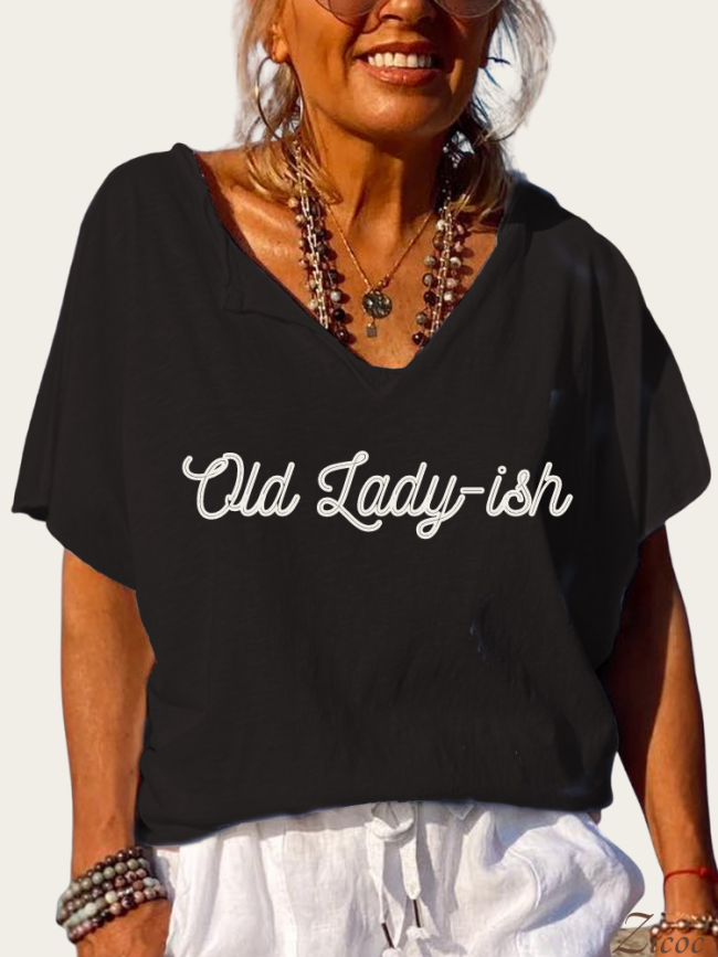 Old Lady-ish Shirt, Loose Cutting Turnover Collar V Neck T-Shirt Top