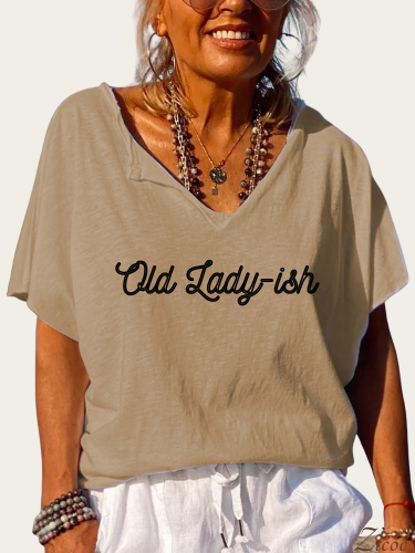 Old Lady-ish Shirt, Loose Cutting Turnover Collar V Neck T-Shirt Top