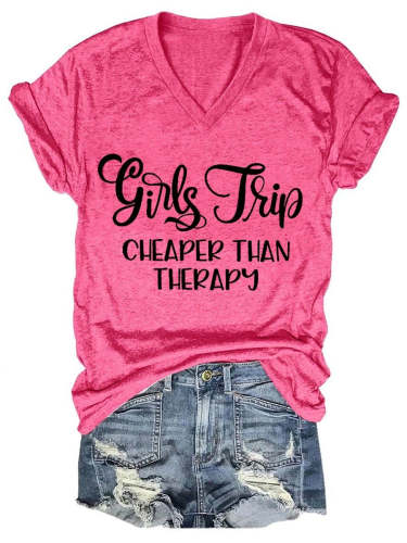 Women Girls Trip Therapy Letter Print V-neck T-shirt