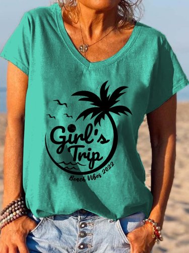 Girl’s Trip Beach Vibes 2022 Letter Print V-neck T-shirt