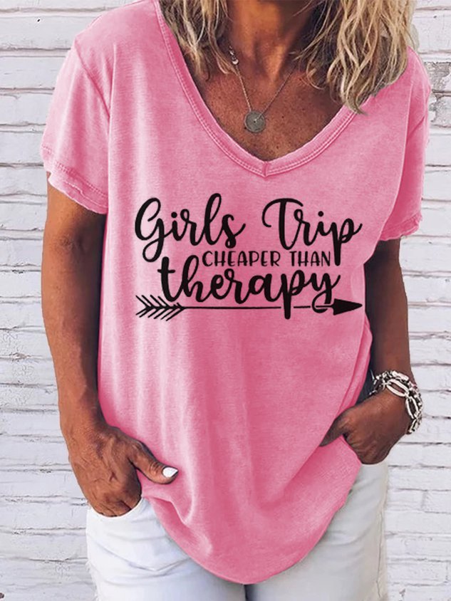 Women Girl's Trip Therapy Letter Print V-Neck Short Sleeve Loose Tee Tshirt