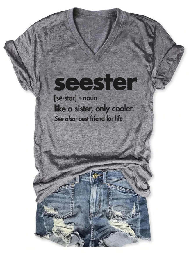 Women Seester Like A Sister Letter Print V-Neck T-Shirt