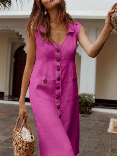 Cotton Linen Dresses Solid Color V Neck Sleeveless Button Pocket Casual Vintage Dress