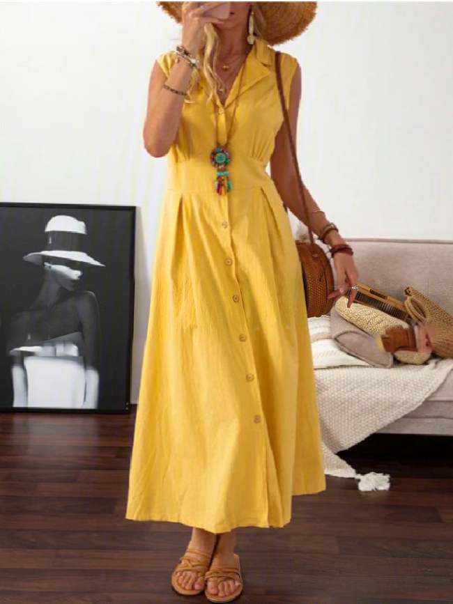 Women's Dresses Lapel Button Retro Sleeveless Maxi Dress