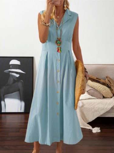 Women's Dresses Lapel Button Retro Sleeveless Maxi Dress