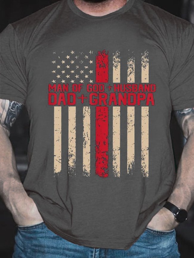 Man Of God Husband Dad Grandpa American Flag Vintage Cotton Short Sleeve T-Shirt