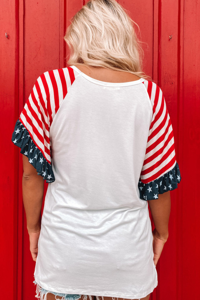 Independence Day Flag Star Print on Short Sleeve Casual Loose V-Neck T-shirt Top