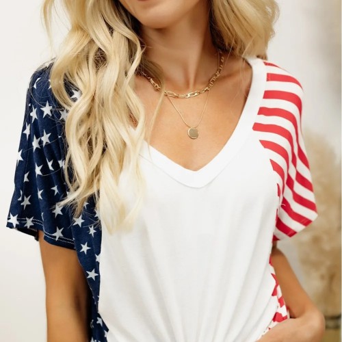 Independence Day Flag Print on Short Sleeve Casual Loose V-Neck T-shirt Top
