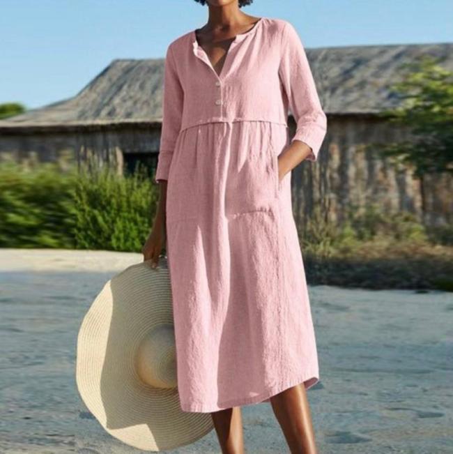 Women Casual Solid Color Short Sleeve Linen Dress with Pocket