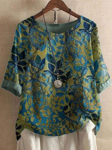 Round Neck Bronzing Leaf Print Casual Blouse