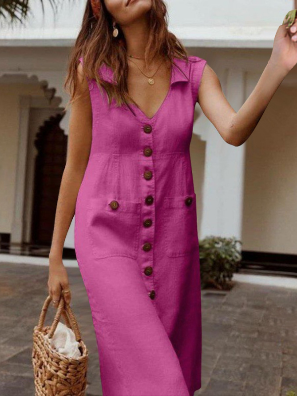 Cotton Linen Dresses Solid Color V Neck Sleeveless Button Pocket Casual Vintage Dress