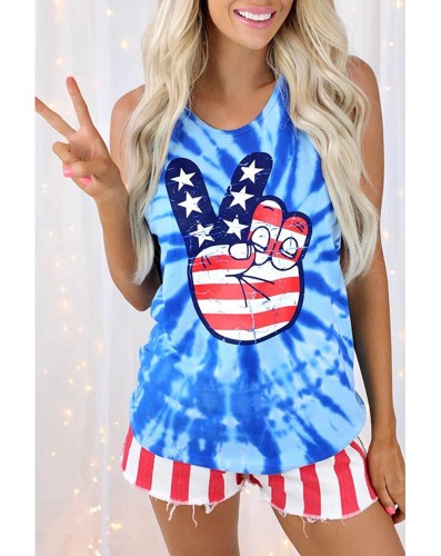 Independence Day Blue Tie Dye Flag Star Print Sleeveless Casual Tank Top