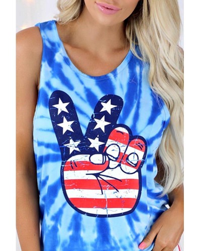 Independence Day Blue Tie Dye Flag Star Print Sleeveless Casual Tank Top