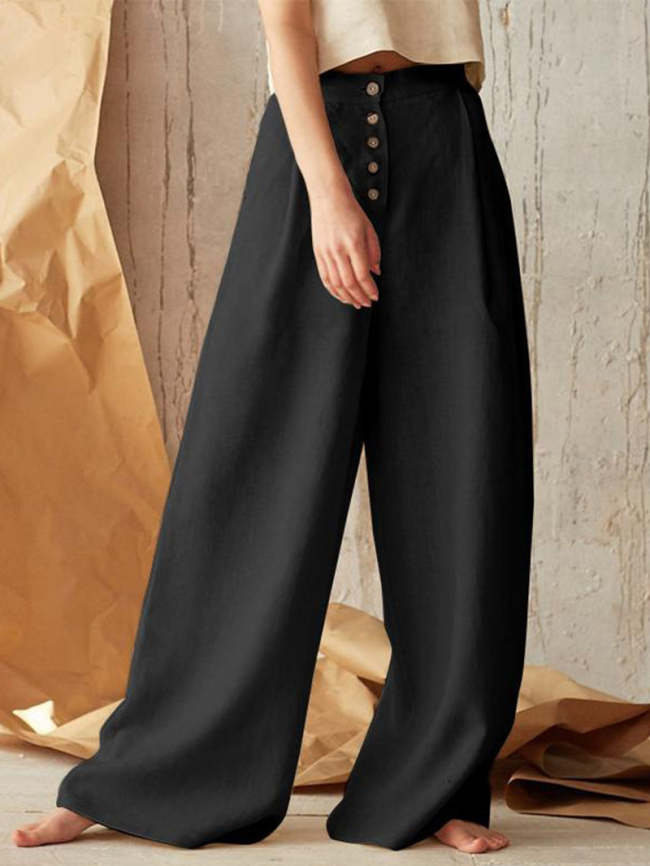 Buckle Wide Leg Baggy Pants Solid Casual Pant