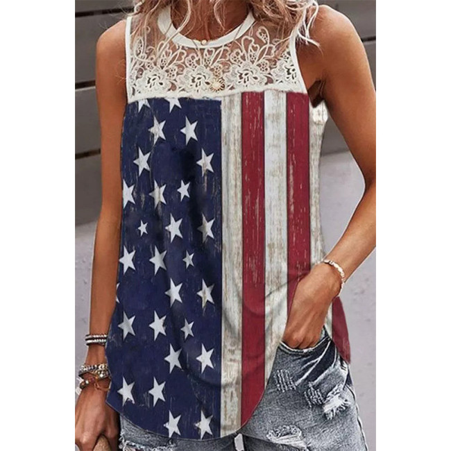 Independence Day Flag Print Crew Neck Lace Floral Embroidery Vest Sleeveless Slim Fit Tank Top