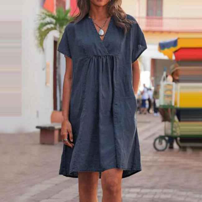 Women Summer Sundress Vintage V Neck Solid Loose Casual Baggy Knee-length Short Sleeve Cotton Beach Dress