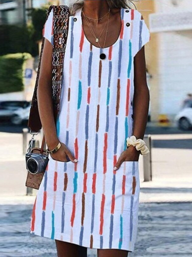 Striped Print Sundress Crewneck with Pocket A Line Casual Midi Dress