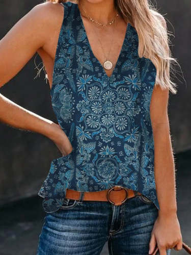 Blue Vintage Tribal V-Neck Tank Tops