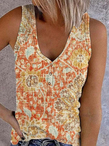 Buttoned Printed V-neck Sleeveless Tank Tops