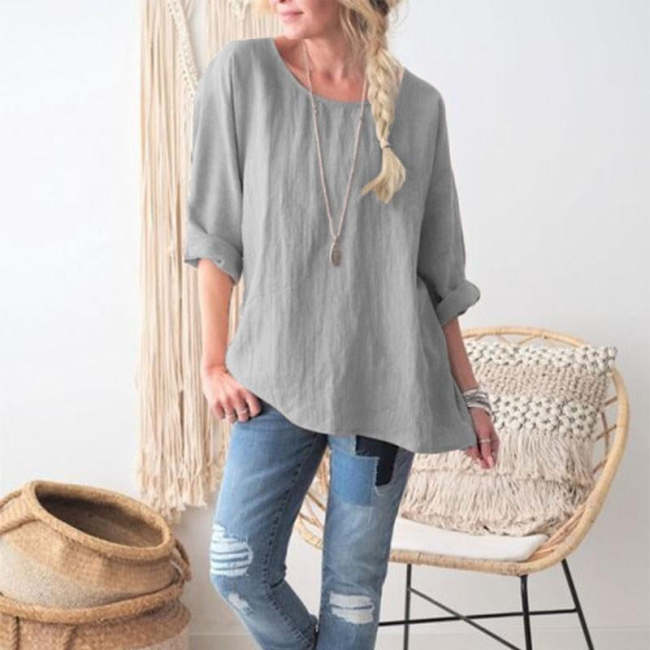 Women's Round Neck Long Sleeve Solid Color Loose Plus Size Top