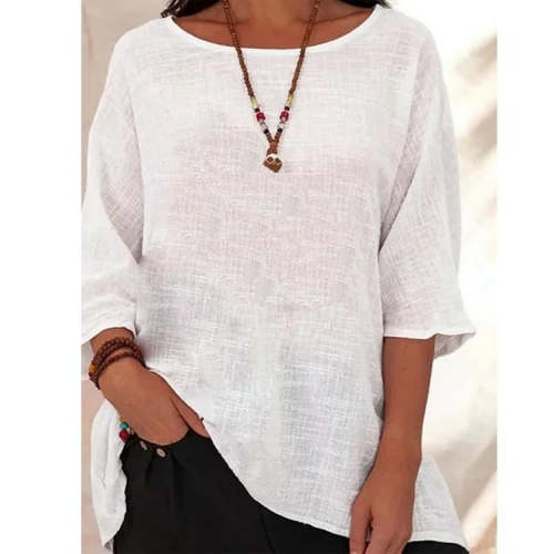 Women's Loose Cotton and Linen Five-point Sleeve Round Neck T-shirt Top